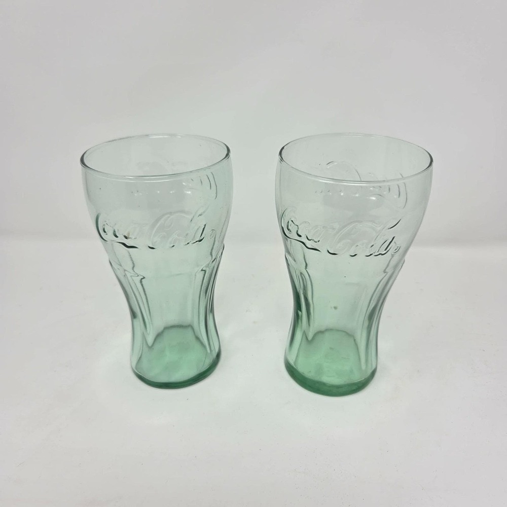 Coca-Cola Textured Green Glasses Set of 2 with A Green Tint 6" Tall